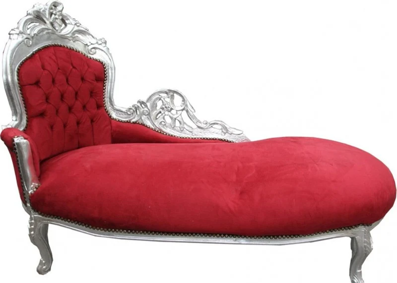 Casa Padrino Barock Chaiselongue Bordeaux Rot / Silber - Elegante Recamiere aus Massivholz, 155 x 70 x 100 cm