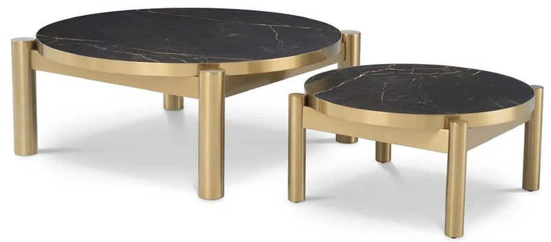 Casa Padrino Luxus Couchtisch Set Messingfarben / Schwarz - Edelstahl Wohnzimmertische mit Keramikplatten - Luxus Wohnzimmer Möbel