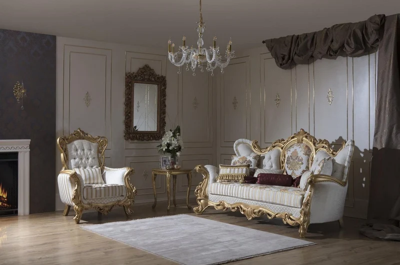 Casa Padrino Luxus Barock Wohnzimmer Set Weiß / Grau / Gold - 2 Sofas & 2 Sessel & 1 Couchtisch - Barock Wohnzimmer Möbel - Edel & Prunkvoll