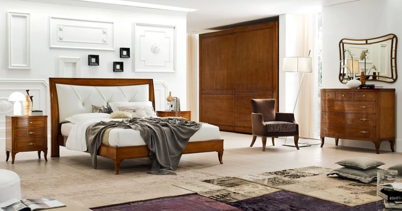 Casa Padrino Luxus Biedermeier Doppelbett Braun / Weiß 188 x 219 x H. 128 cm - Massivholz Bett mit Echtleder Kopfteil - Schlafzimmer Möbel - Luxus Qualität