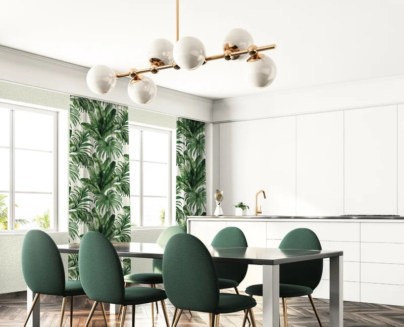 Casa Padrino Luxus Vorhang Set Palmenblätter Weiß / Grün 250 x H. 290 cm - Bedruckte Leinen & Samt Vorhänge - Ösenvorhänge - Schiebevorhänge - Luxus Kollektion