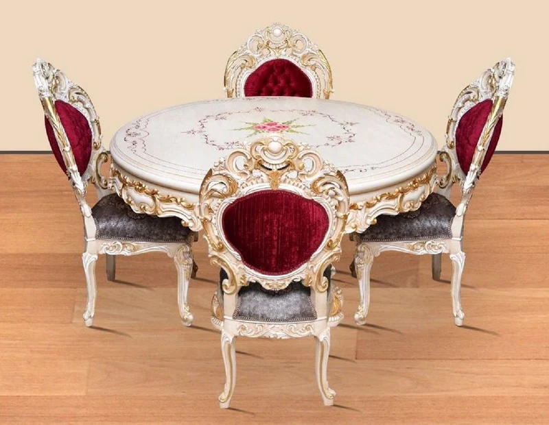 Casa Padrino Barock Esszimmer Set Bordeauxrot / Grau / Weiß / Gold - 1 runder Esstisch & 4 Esszimmerstühle - Prunkvolle Esszimmer Möbel im Barockstil