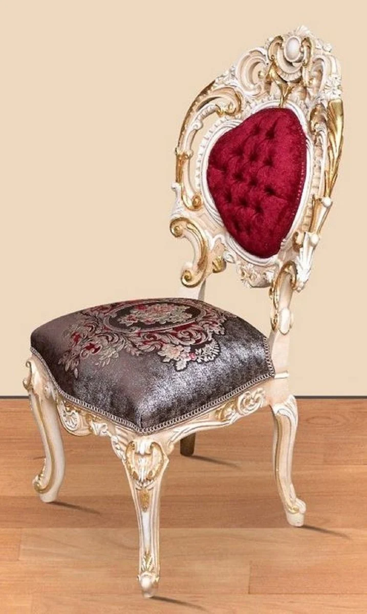 Casa Padrino Barock Esszimmer Set Bordeauxrot / Grau / Weiß / Gold - 1 runder Esstisch & 4 Esszimmerstühle - Prunkvolle Esszimmer Möbel im Barockstil