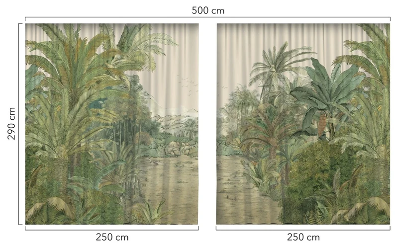 Casa Padrino Luxus Vorhang Set Palmen Landschaft Creme / Grün 250 x H. 290 cm - Bedruckte Leinen & Samt Vorhänge - Ösenvorhänge - Schiebevorhänge - Luxus Deko Accessoires