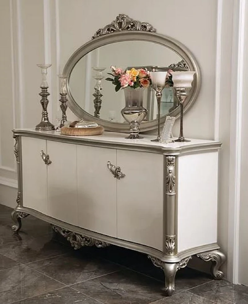Casa Padrino Luxus Barock Sideboard mit Spiegel Weiß / Silber - Eleganter Massivholz Schrank mit Wandspiegel - Barock Möbel