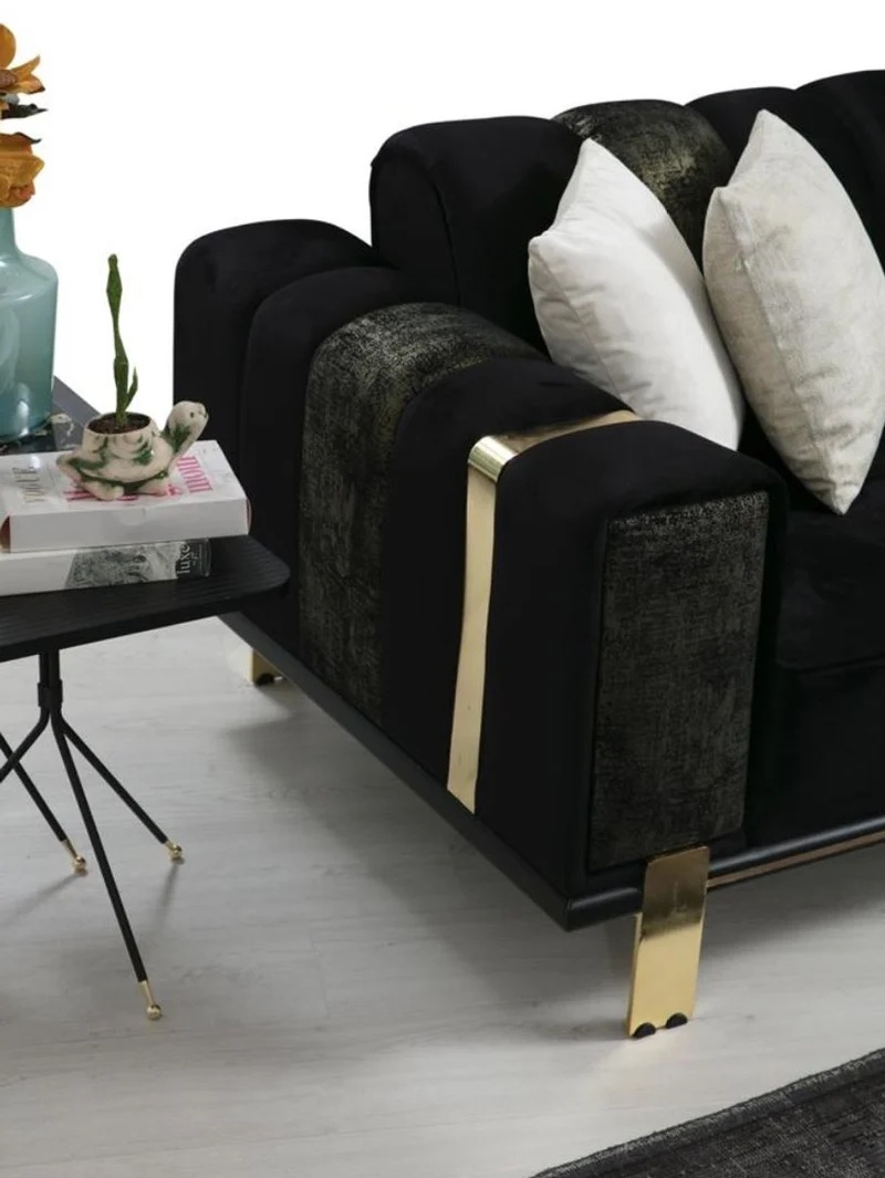 Casa Padrino Luxus Wohnzimmer Sofa mit verstellbarer Rückenlehne Schwarz / Gold 223 x 93 x H. 76 cm - Wohnzimmer Möbel - Luxus Möbel