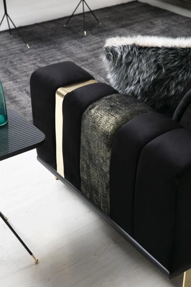 Casa Padrino Luxus Wohnzimmer Sofa mit verstellbarer Rückenlehne Schwarz / Gold 223 x 93 x H. 76 cm - Wohnzimmer Möbel - Luxus Möbel