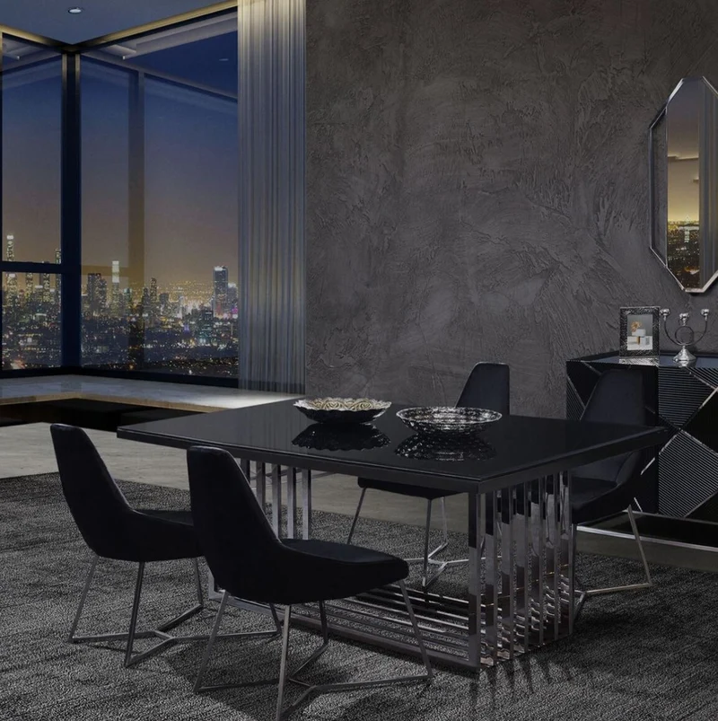 Casa Padrino Luxus Esszimmer Möbel Set Silber / Schwarz - 1 Esstisch & 6 Esszimmerstühle - Esszimmer Möbel - Luxus Qualität