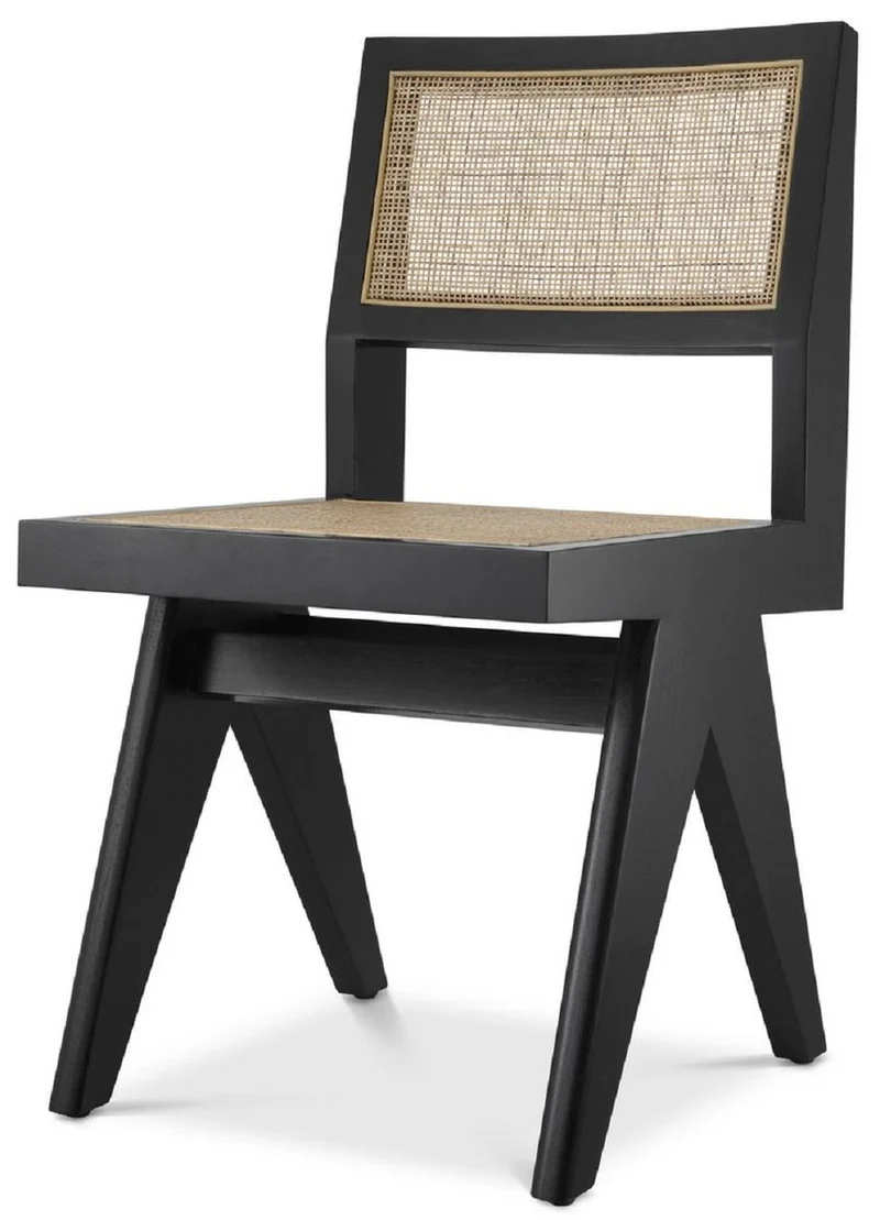 Casa Padrino Luxus Esszimmerstuhl Schwarz / Naturfarben 44 x 54 x H. 85,5 cm - Massivholz Stuhl mit Rattangeflecht - Luxus Esszimmer Möbel