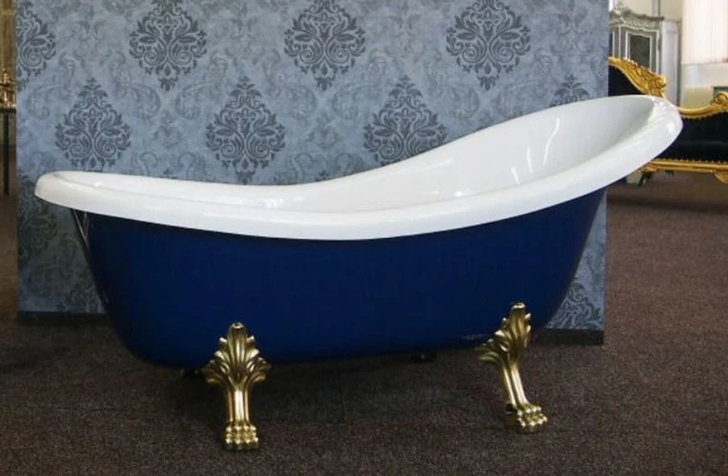 Casa Padrino Luxus Jugendstil Badewanne Weiß / Saphirblau / Gold 174 x 83 x H. 81 cm - Freistehende Retro Badewanne mit Löwenfüßen - Retro Badezimmer Möbel