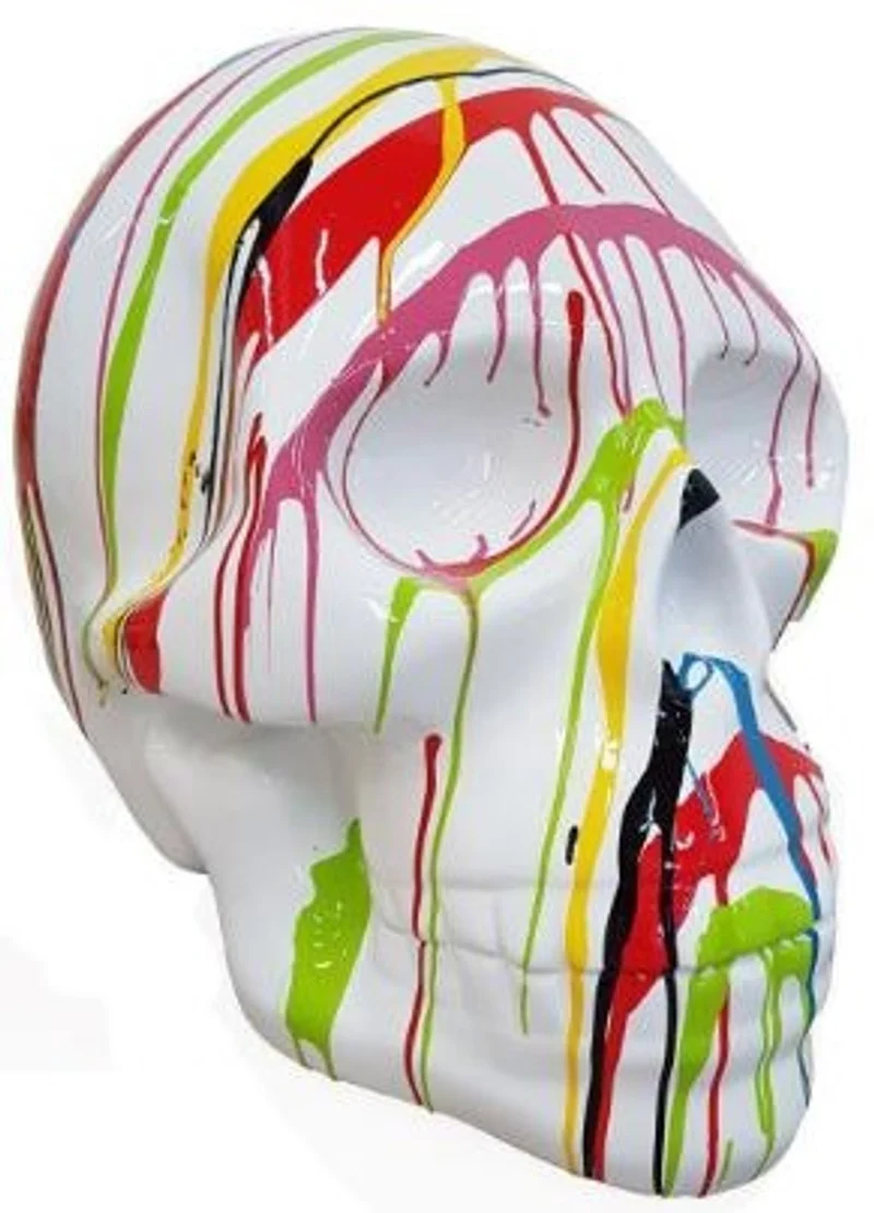 Casa Padrino Designer Deko Skulptur Totenkopf Weiß / Mehrfarbig 44 x 58 x H. 66 cm - Wetterbeständige Dekofigur - Wohnzimmer Deko - Garten Deko