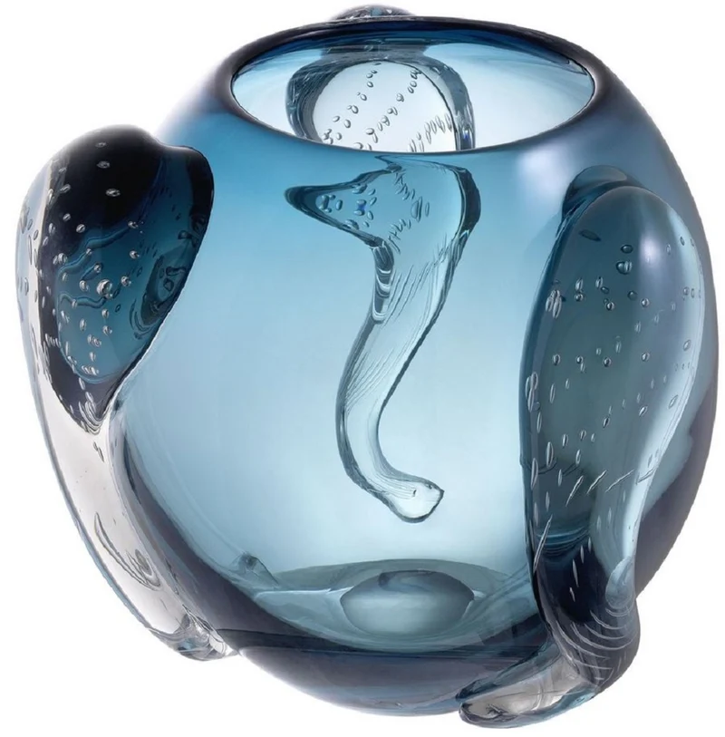 Casa Padrino Luxus Deko Glas Vase Blau Ø 32 x H. 28 cm - Elegante mundgeblasene Blumenvase - Luxus Deko Accessoires