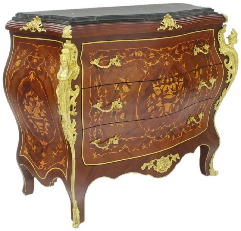 Casa Padrino Barock Kommode Braun / Gold / Schwarz 120 x 50 x H. 100 cm - Handgefertigte Massivholz Antik Stil Kommode mit 3 Schubladen und Marmorplatte - Möbel im Barockstil
