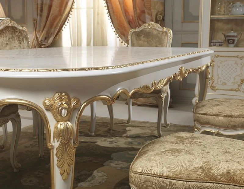 Casa Padrino Luxus Barock Esszimmer Set Weiß / Gold - 1 Esstisch & 6 Esszimmerstühle - Esszimmer Möbel im Barockstil - Hotel Restaurant Schloss Möbel - Luxus Qualität - Made in Italy