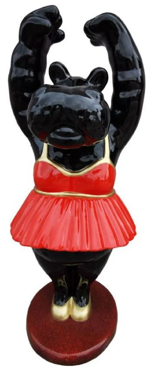 Casa Padrino Luxus Deko Skulptur Nilpferd Ballerina Schwarz / Rot / Gold / Bordeauxrot 43 x 43 x H. 98 cm - Wetterbeständige Dekofigur - Wohnzimmer Deko - Garten Deko - Terrassen Deko