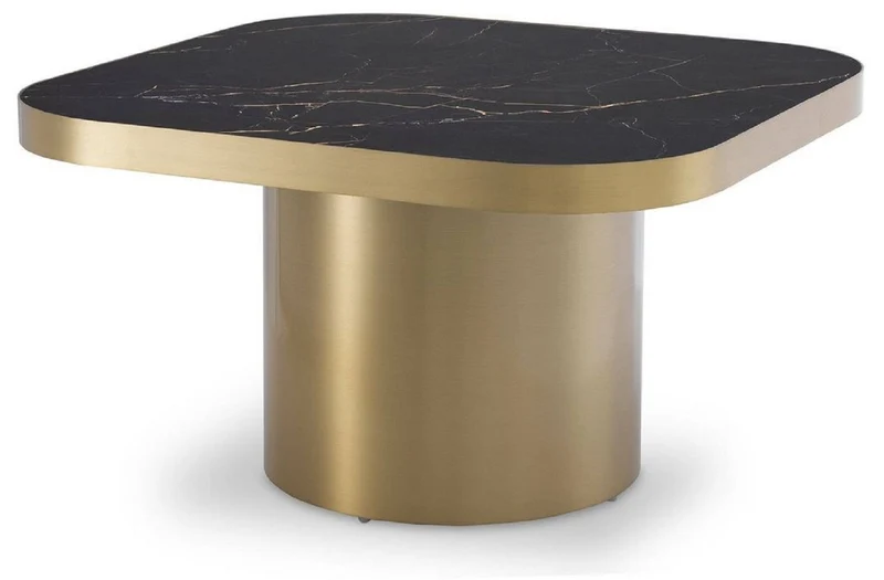 Casa Padrino Luxus Beistelltisch Schwarz / Messingfarben 64 x 64 x H. 37,5 cm - Quadratischer Edelstahl Tisch mit Keramikplatte - Wohnzimmer Möbel - Luxus Möbel
