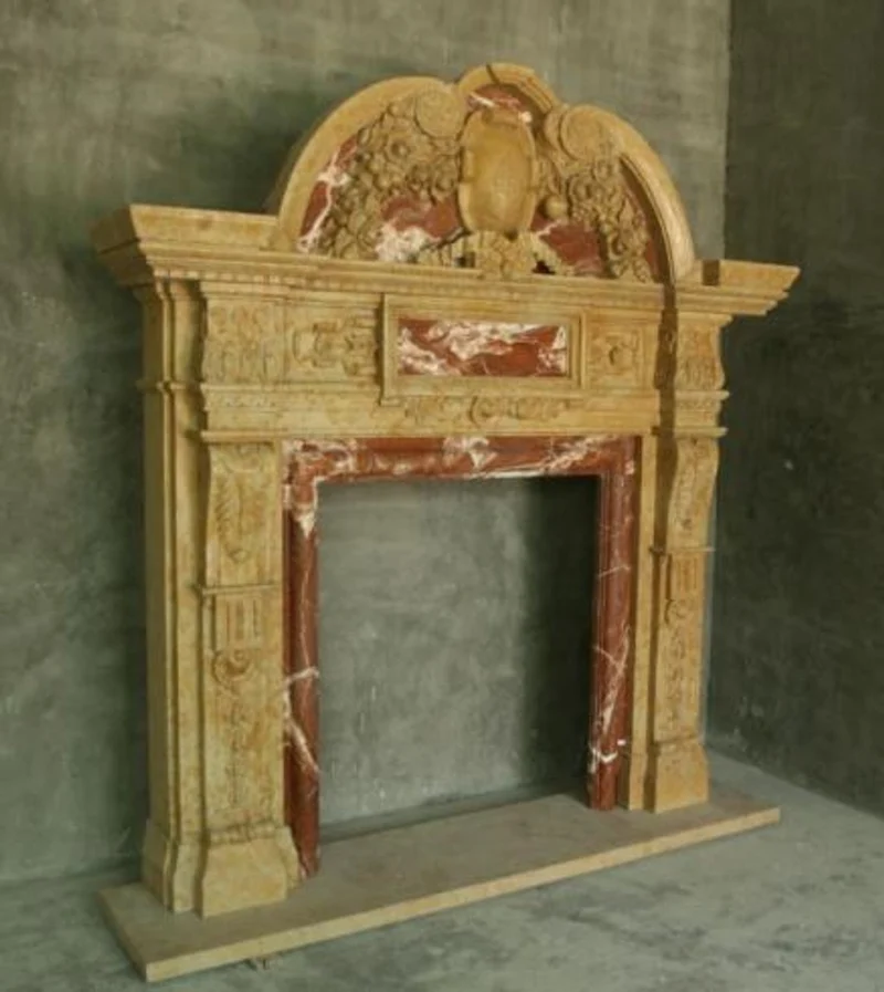 Casa Padrino Luxus Barock Kaminumrandung Beige / Rot 250 x 42 x H. 235 cm - Prunkvolle Kaminumrandung aus hochwertigem Marmor - Barock Möbel