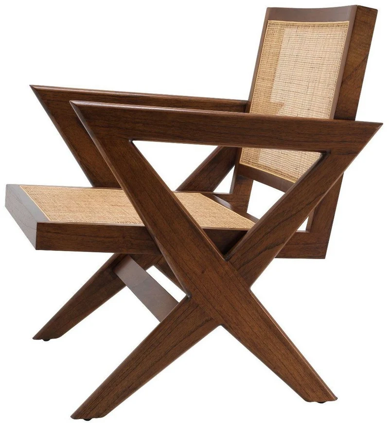 Casa Padrino Luxus Wohnzimmer Sessel Braun / Naturfarben 75 x 74 x H. 88 cm - Massivholz Sessel mit Rattangeflecht - Luxus Möbel