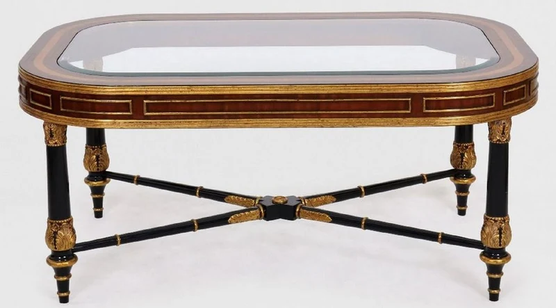 Casa Padrino Luxus Barock Couchtisch Braun / Schwarz / Gold 122 x 81 x H. 56 cm - Edler Massivholz Wohnzimmertisch mit Glasplatte - Barock Möbel