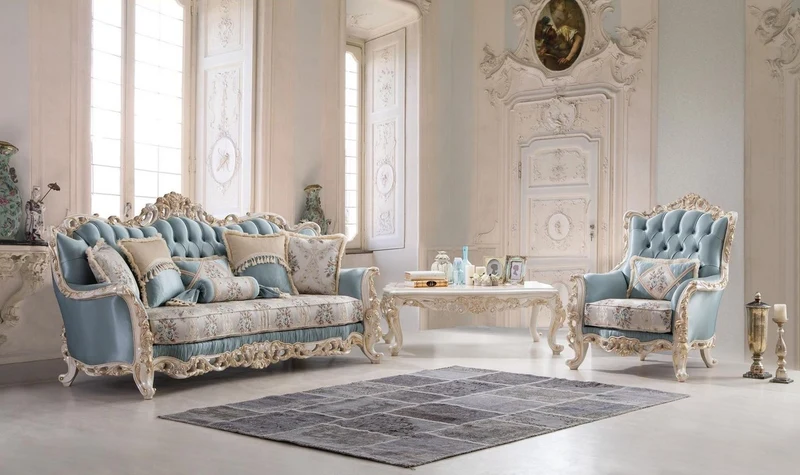 Casa Padrino Luxus Barock Wohnzimmer Sofa mit dekorativen Kissen Hellblau / Creme / Weiß / Gold 240 x 90 x H. 120 cm - Edle Barock Wohnzimmer Möbel