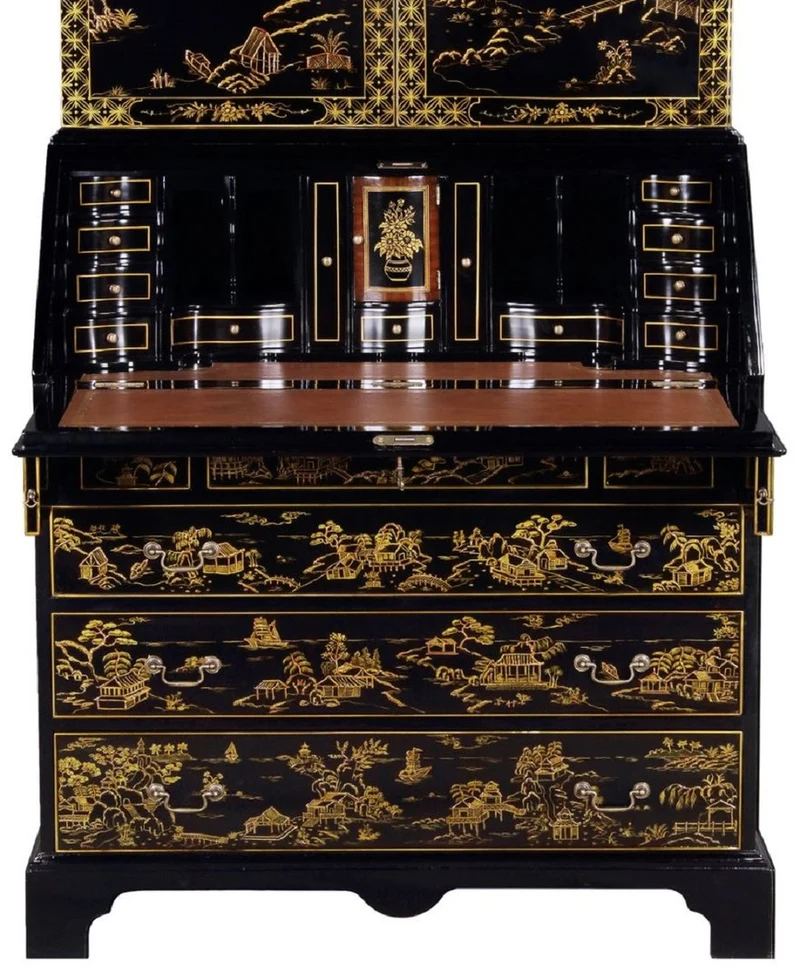Casa Padrino Luxus Barock Sekretär Schreibtisch Schrank im chinesischen Stil Schwarz / Gold 104 x 58 x H. 238 cm - Prunkvoller Massivholz Büroschrank - Edle Barock Büromöbel