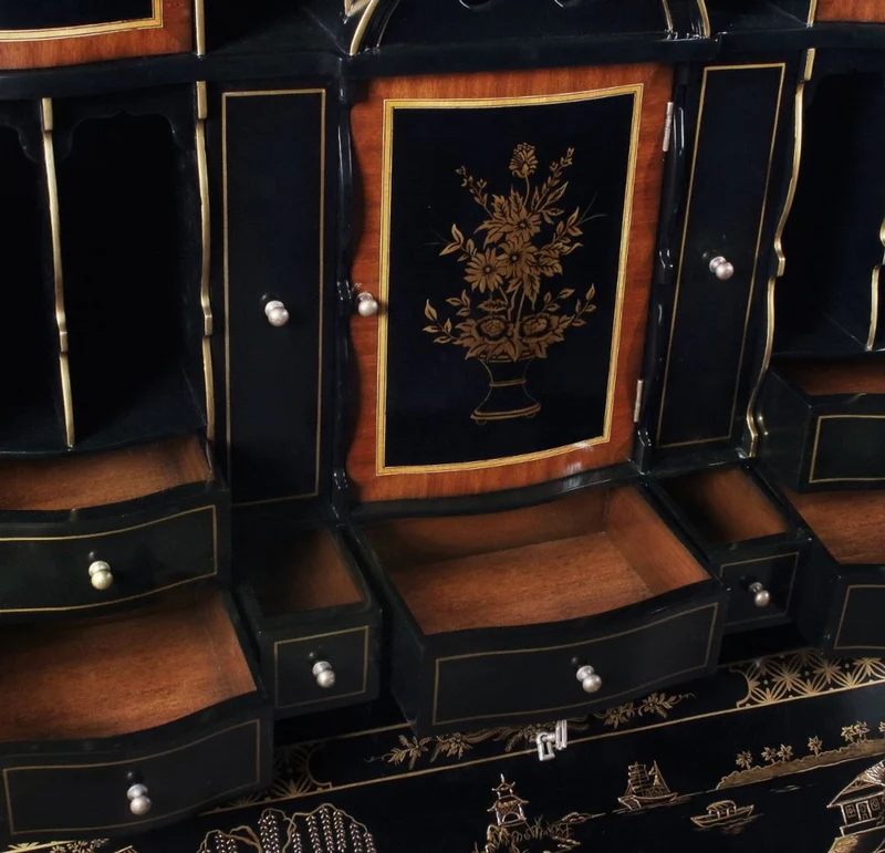 Casa Padrino Luxus Barock Sekretär Schreibtisch Schrank im chinesischen Stil Schwarz / Gold 104 x 58 x H. 238 cm - Prunkvoller Massivholz Büroschrank - Edle Barock Büromöbel