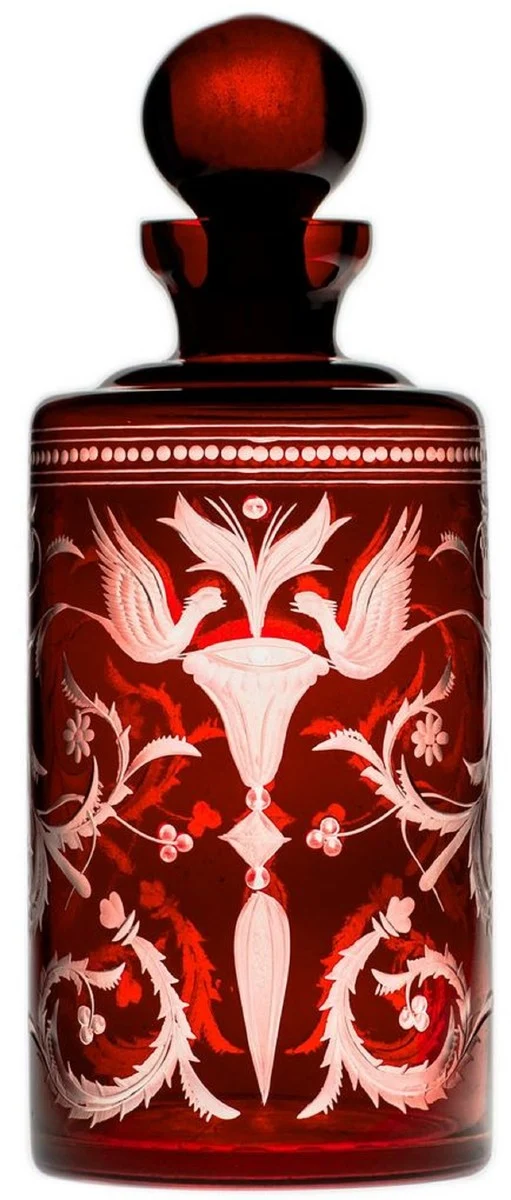 Casa Padrino Luxus Whisky Karaffe Rot / Silber Ø 12,5 x H. 20 cm - Mundgeblasene und handgravierte Glas Karaffe - Hotel & Restaurant Accessoires - Luxus Qualität