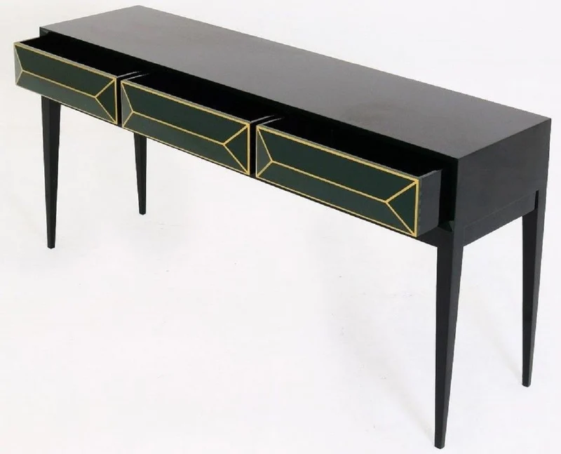 Casa Padrino Luxus Art Deco Konsole Schwarz / Grün / Gold 180 x 49 x H. 92 cm - Massivholz Konsolentisch mit 3 Schubladen in 3D Optik - Art Deco Möbel