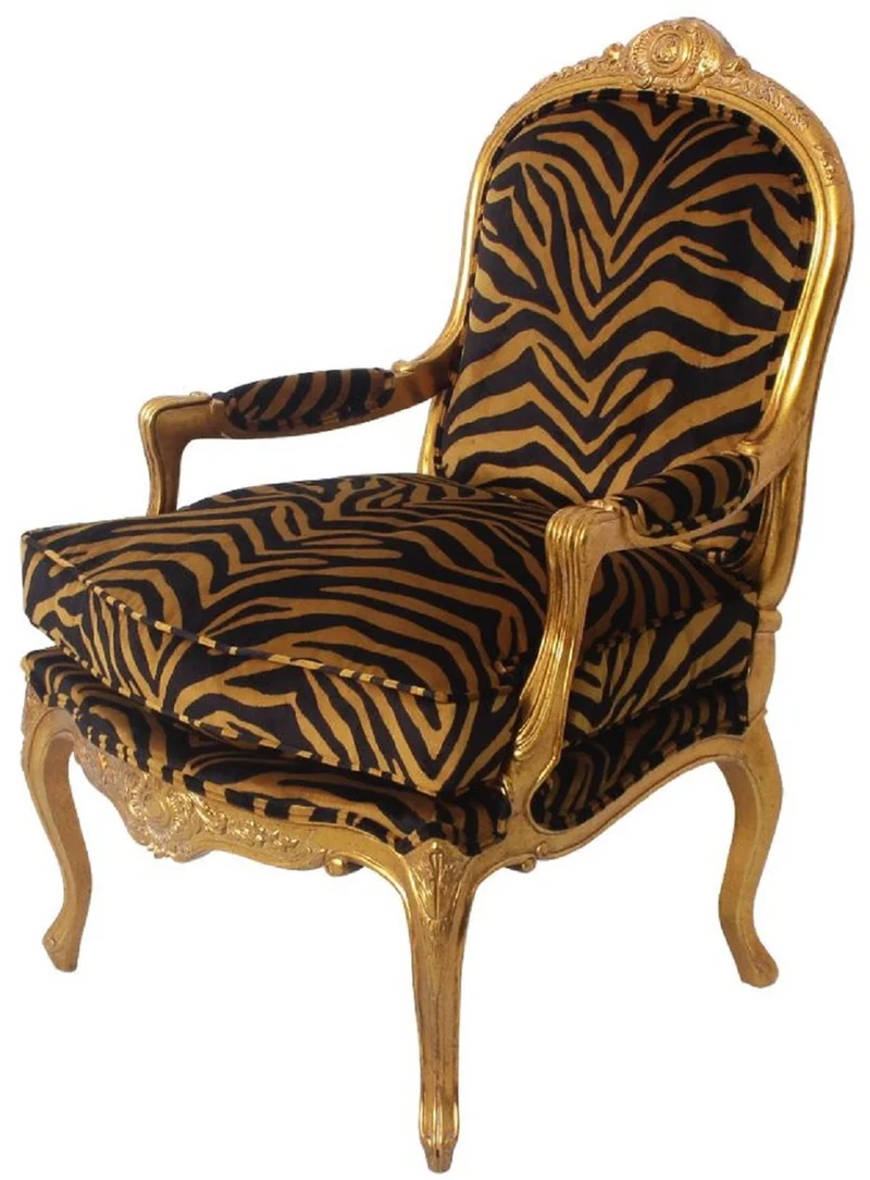 Casa Padrino Luxus Barock Sessel Gold / Schwarz / Gold 69 x 77 x H. 108 cm - Edler Mahagoni Wohnzimmer Sessel mit elegantem Tiger Muster - Barock Möbel