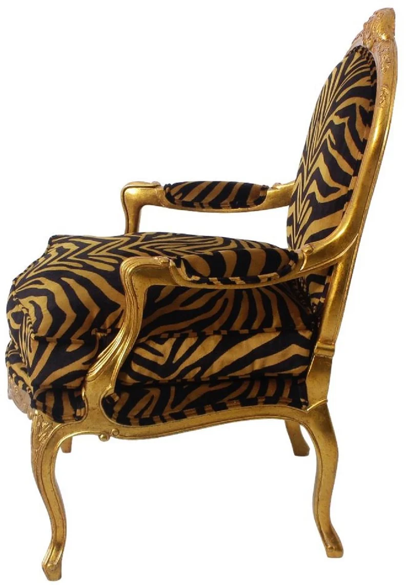 Casa Padrino Luxus Barock Sessel Gold / Schwarz / Gold 69 x 77 x H. 108 cm - Edler Mahagoni Wohnzimmer Sessel mit elegantem Tiger Muster - Barock Möbel