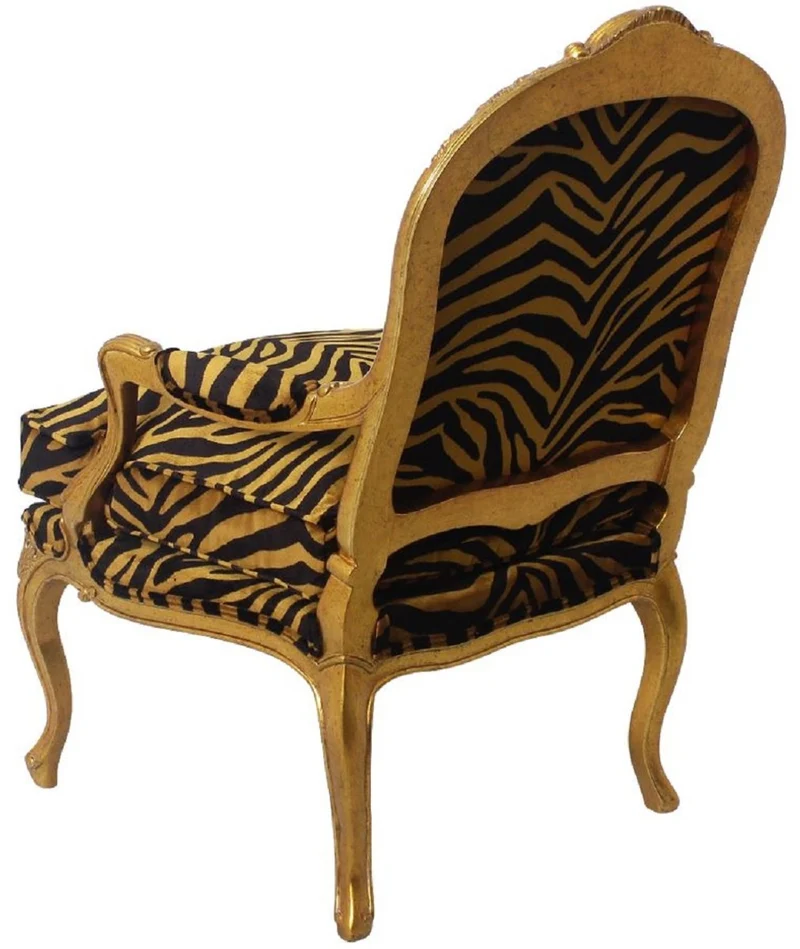 Casa Padrino Luxus Barock Sessel Gold / Schwarz / Gold 69 x 77 x H. 108 cm - Edler Mahagoni Wohnzimmer Sessel mit elegantem Tiger Muster - Barock Möbel