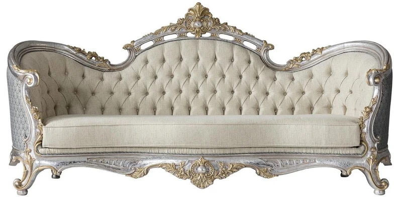 Casa Padrino Luxus Barock Wohnzimmer Sofa mit dekorativen Kissen Creme / Blau / Silber / Gold 250 x 95 x H. 125 cm - Edel & Prunkvoll