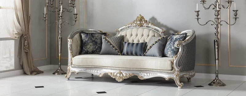 Casa Padrino Luxus Barock Wohnzimmer Sofa mit dekorativen Kissen Creme / Blau / Silber / Gold 250 x 95 x H. 125 cm - Edel & Prunkvoll