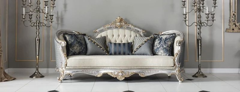 Casa Padrino Luxus Barock Wohnzimmer Sofa mit dekorativen Kissen Creme / Blau / Silber / Gold 250 x 95 x H. 125 cm - Edel & Prunkvoll