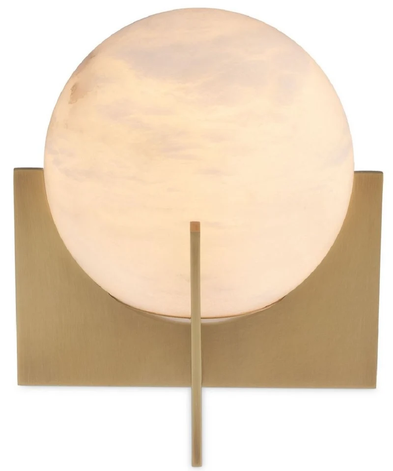 Casa Padrino Luxus Tischleuchte Antik Messing / Alabaster Ø 23 x H. 25 cm - Moderne Tischlampe mit rundem Alabaster Lampenschirm - Luxus Leuchten