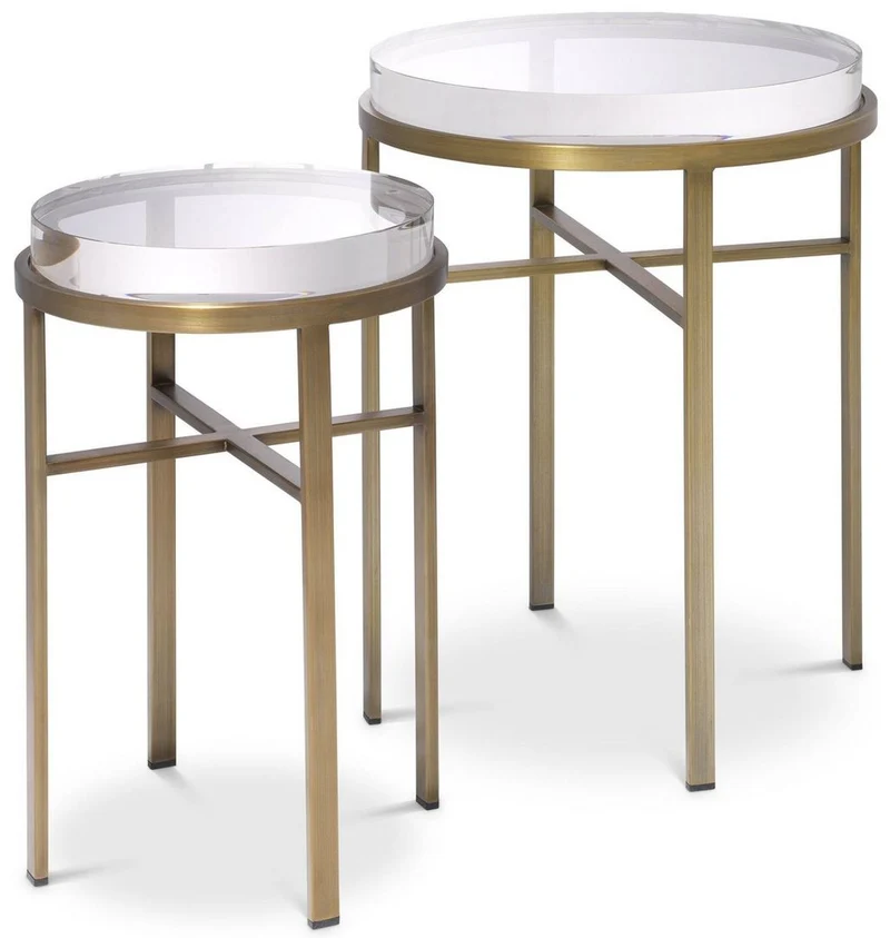 Casa Padrino Luxus Beistelltisch Set Messingfarben - 2 Runde Edelstahl Tische mit Glasplatte - Luxus Wohnzimmer Möbel