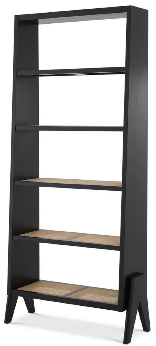 Casa Padrino Luxus Regalschrank Schwarz / Naturfarben 95 x 36 x H. 211 cm - Edler Massivholz Schrank mit Rattangeflecht - Wohnzimmerschrank - Büroschrank - Luxus Möbel