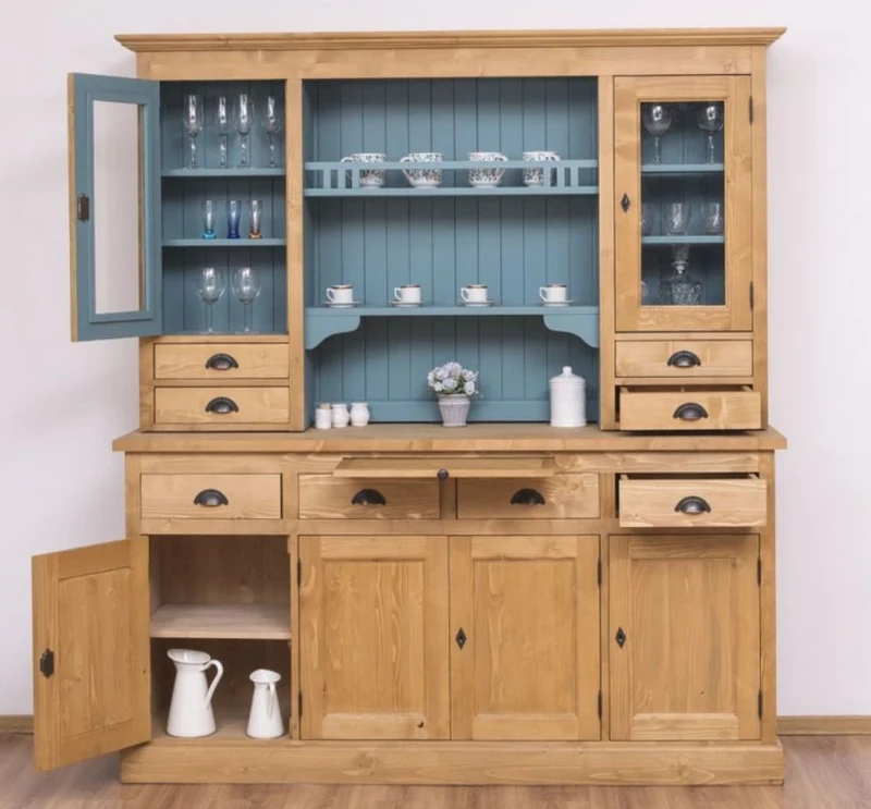 Casa Padrino Landhausstil Küchenschrank Naturfarben / Hellblau 180 x 50 x H. 197 cm - Massivholz Esszimmerschrank - Esszimmermöbel im Landhausstil