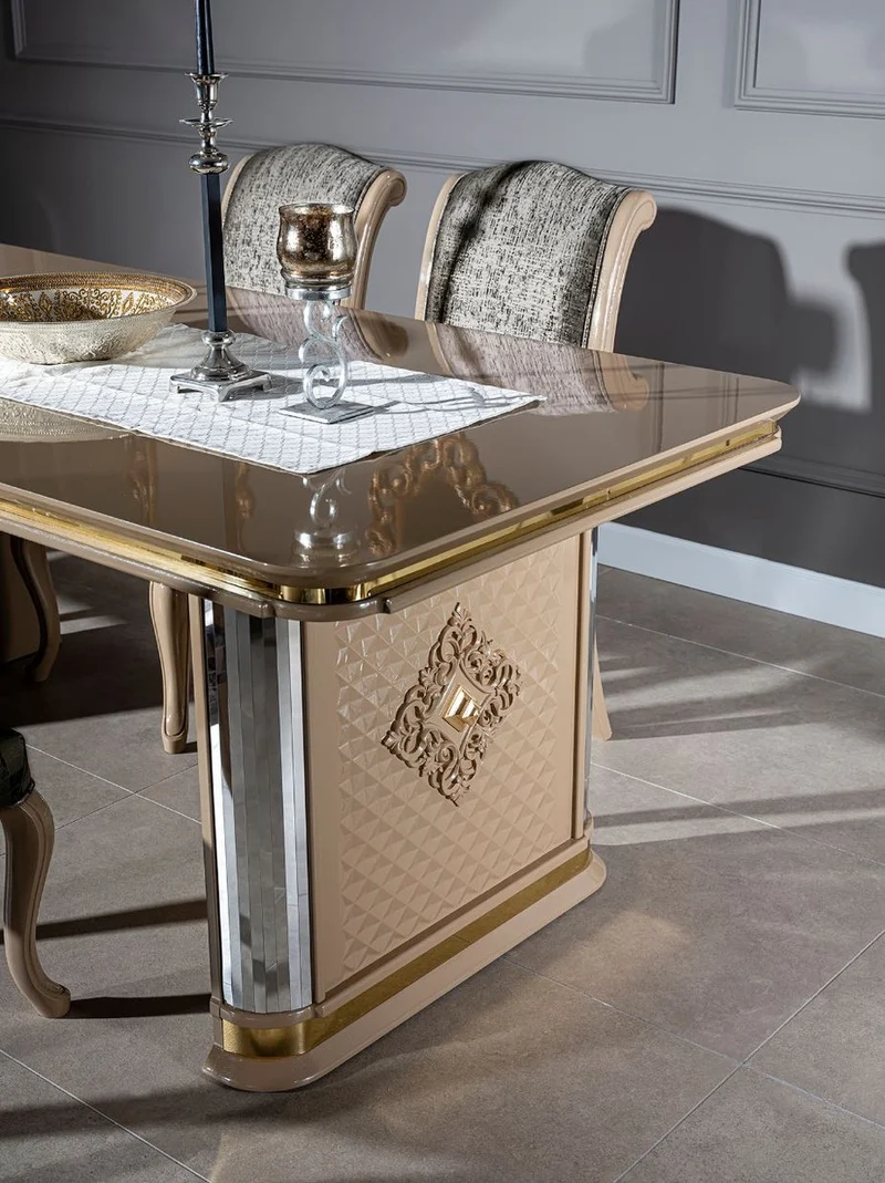 Casa Padrino Luxus Art Deco Esstisch Beige / Gold - Edler Massivholz Küchentisch - Art Deco Esszimmer Möbel