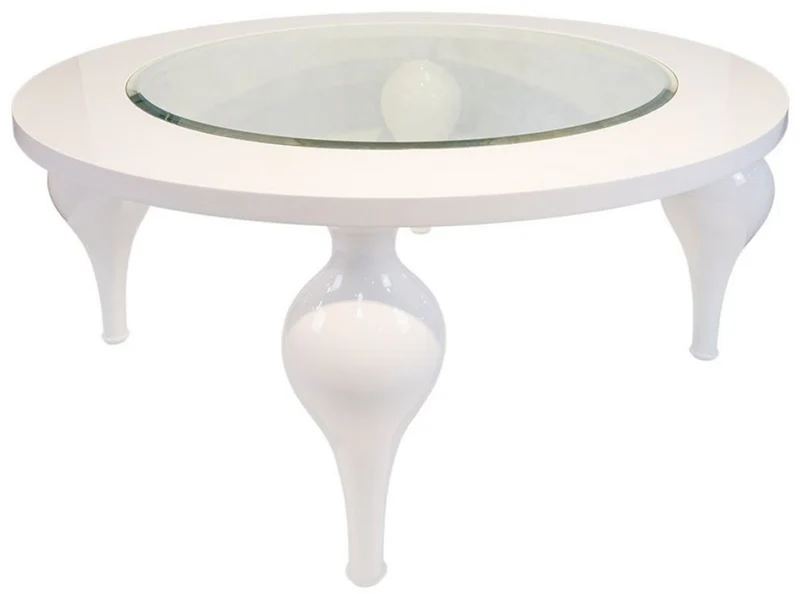 Casa Padrino Neoklassik Couchtisch Hochglanz Weiß Ø 110 x H. 40 cm - Massivholz Küchentisch mit Glasplatte - Wohnzimmer Möbel im Neoklassischem Stil
