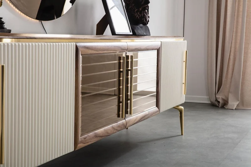 Casa Padrino Luxus Art Deco Sideboard Braun / Weiß / Gold 235 x 48 x H. 76 cm - Edler Schrank mit 4 Türen - Art Deco Möbel