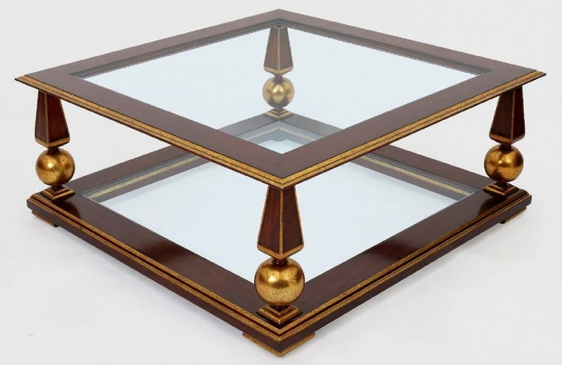 Casa Padrino Luxus Barock Couchtisch Dunkelbraun / Antik Gold 113 x 113 x H. 47 cm - Prunkvoller Massivholz Wohnzimmertisch mit Glasplatten - Barock Wohnzimmer Möbel