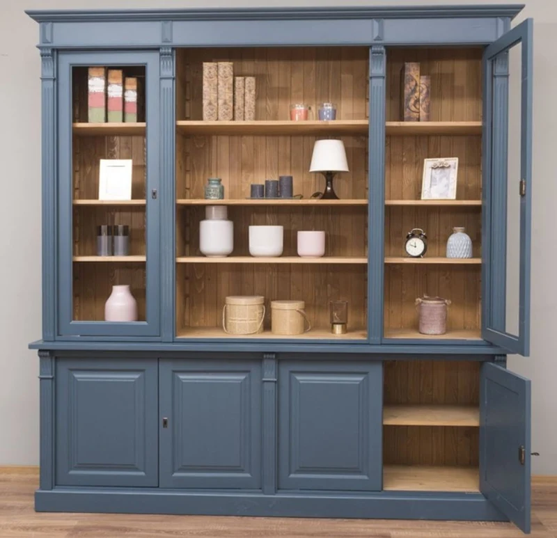 Casa Padrino Landhausstil Wohnzimmerschrank Blau / Naturfarben 223 x 51 x H. 228 cm - Massivholz Schrank - Bücherschrank - Regalschrank - Landhausstil Möbel