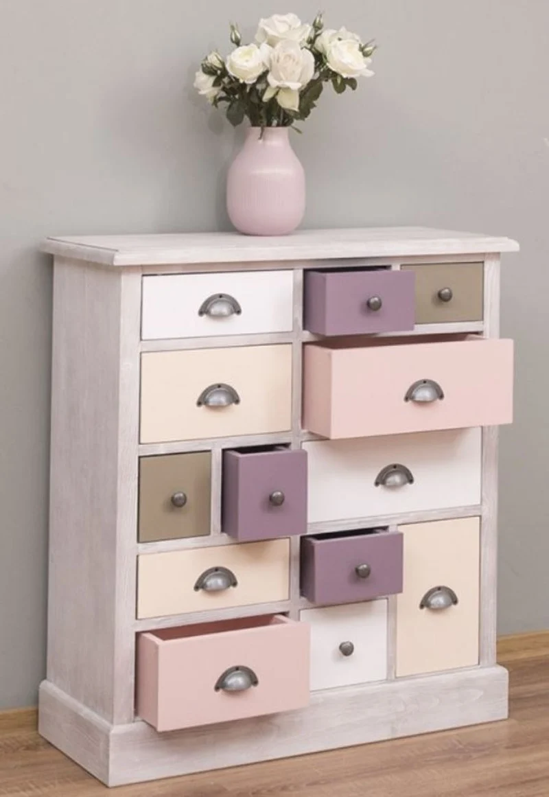 Casa Padrino Landhausstil Kommode Hellgrau / Mehrfarbig 90 x 35 x H. 97 cm - Massivholz Schrank mit 13 Schubladen - Landhausstil Möbel