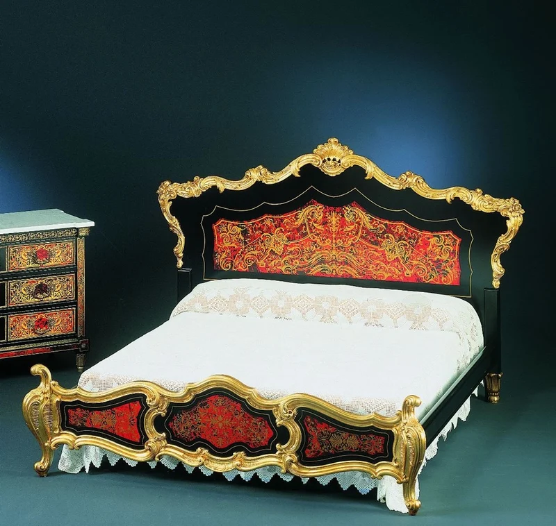 Casa Padrino Luxus Barock Boulle Doppelbett Schwarz / Rot / Gold 225 x 230 x H. 150 cm - Prunkvolles Massivholz Bett mit Kopfteil - Edle Barock Schlafzimmer Möbel