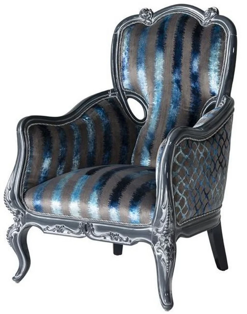 Casa Padrino Luxus Barock Wohnzimmer Sessel Grau / Blau / Grau 80 x 80 x H. 116 cm - Edler Massivholz Sessel mit Streifen - Barockstil Wohnzimmer Möbel