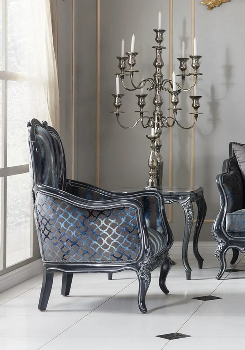 Casa Padrino Luxus Barock Wohnzimmer Sessel Grau / Blau / Grau 80 x 80 x H. 116 cm - Edler Massivholz Sessel mit Streifen - Barockstil Wohnzimmer Möbel