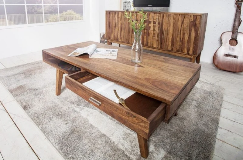 Casa Padrino Massivholz Couchtisch Naturfarben 100 x 55 x H. 40 cm - Wohnzimmertisch im Retro Style - Retro Design Wohnzimmer Möbel