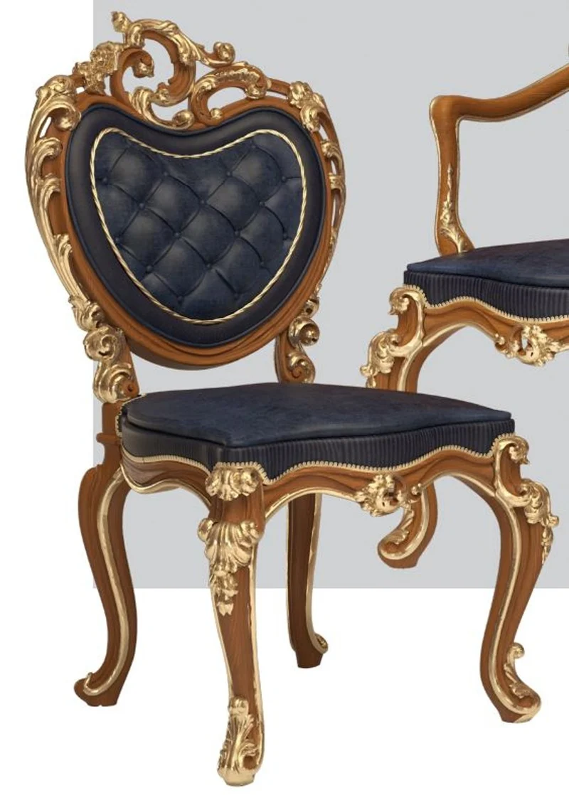 Casa Padrino Luxus Barock Esszimmer Stuhl Set Dunkelblau / Braun / Gold 57 x 62 x H. 105 cm - Prunkvolles Küchen Stühle 4er Set - Hotel Restaurant Schloss Möbel - Luxus Qualität - Made in Italy