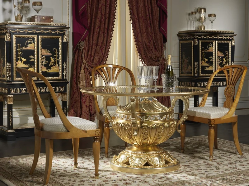 Casa Padrino Luxus Barock Esstisch Gold / Silber Ø 120 x H. 78 cm - Prunkvoller handgeschnitzter Esszimmertisch mit Glasplatte - Hotel Restaurant Schloss Möbel - Luxus Qualität - Made in Italy